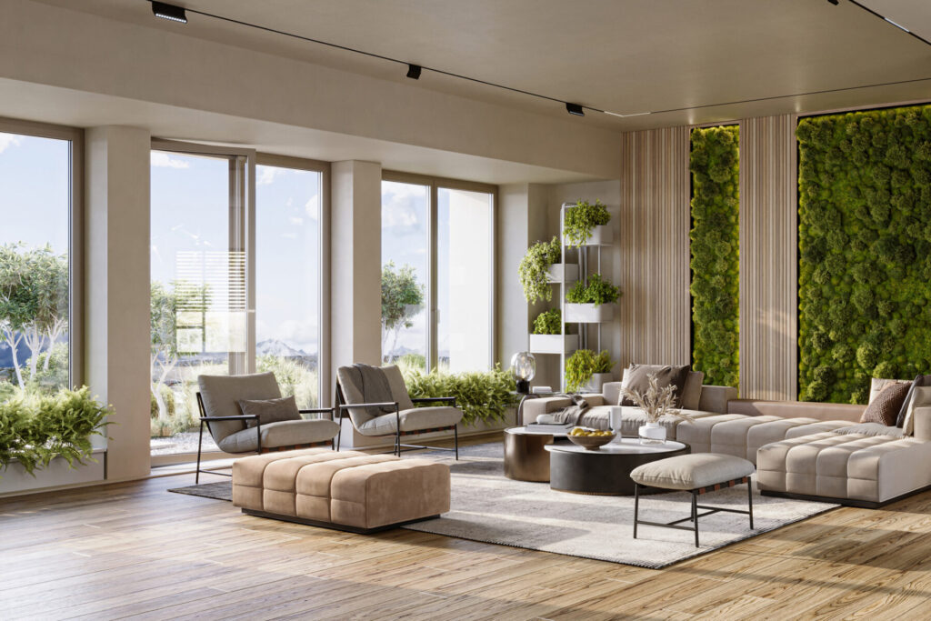 Living room, white furniture and green plants
